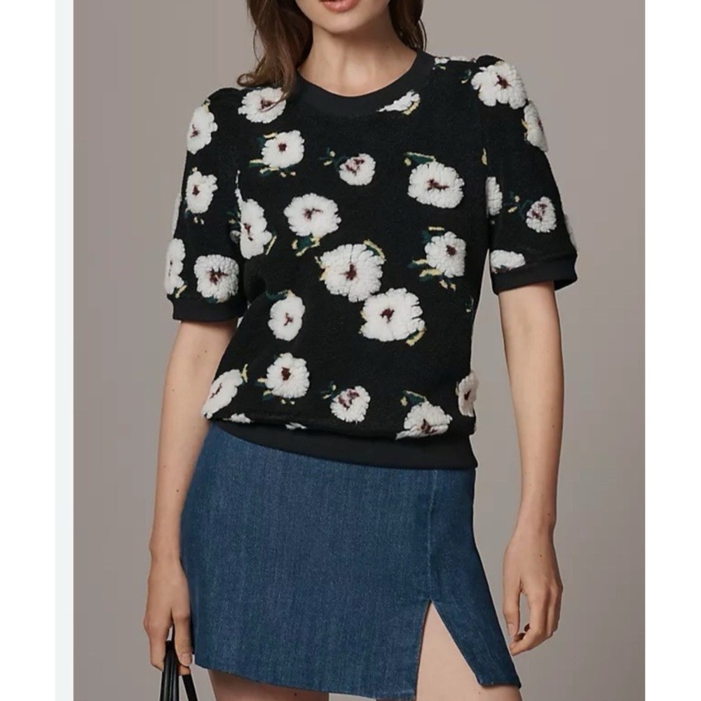 By Anthropologie NWT Medium Sherpa Fleece Flowers Sweater Top Puff Sleeves